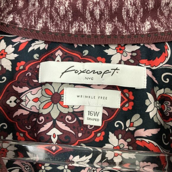 Foxcroft Red Black Floral Wrinkle Free 3/4 Sleeve Button Down size 16W Office - Picture 2 of 11